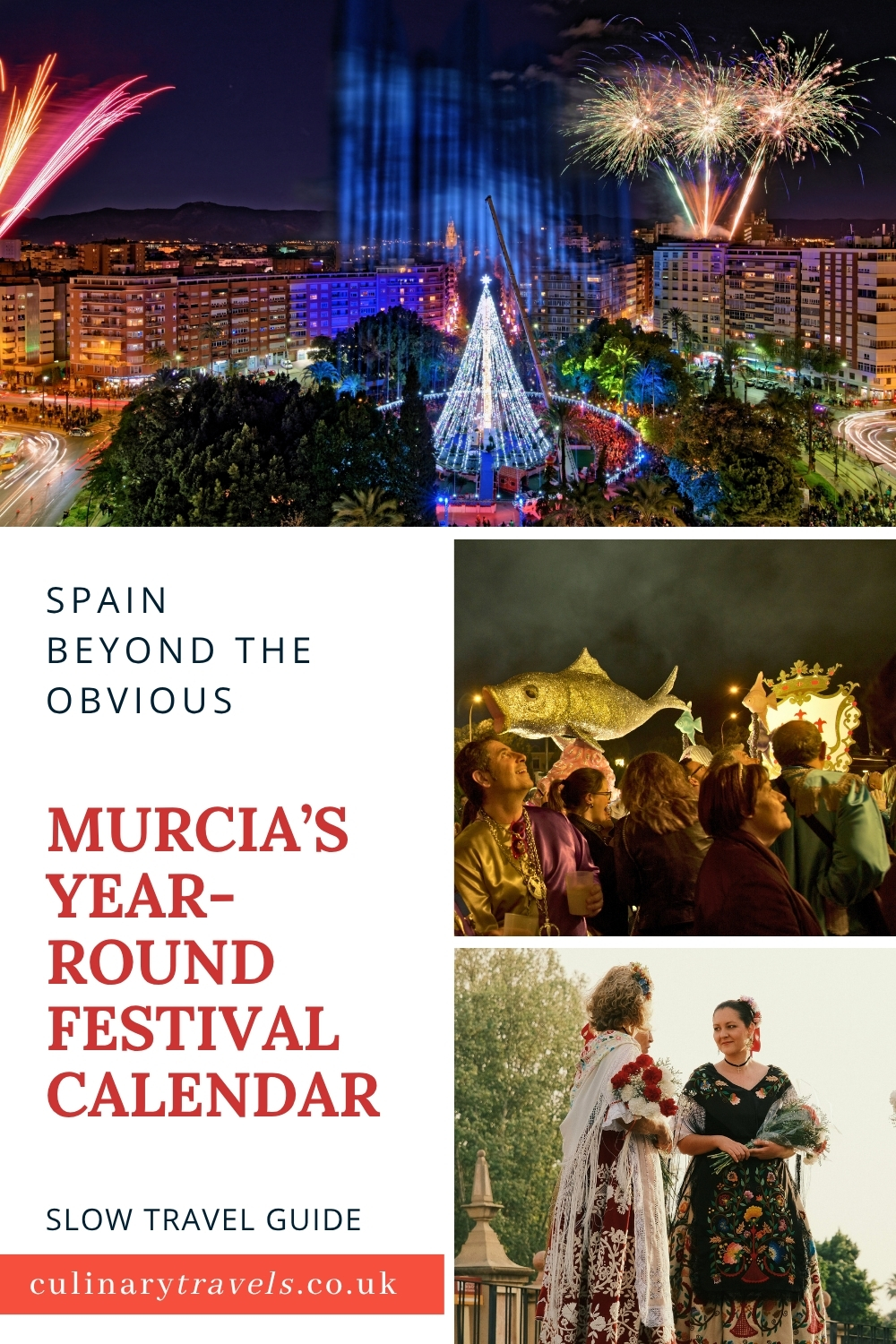 Pinterest pin for Murcia&rsquo;s year-round festival calendar, featuring Christmas fireworks, Entierro de la Sardina and traditional Murcian dress.